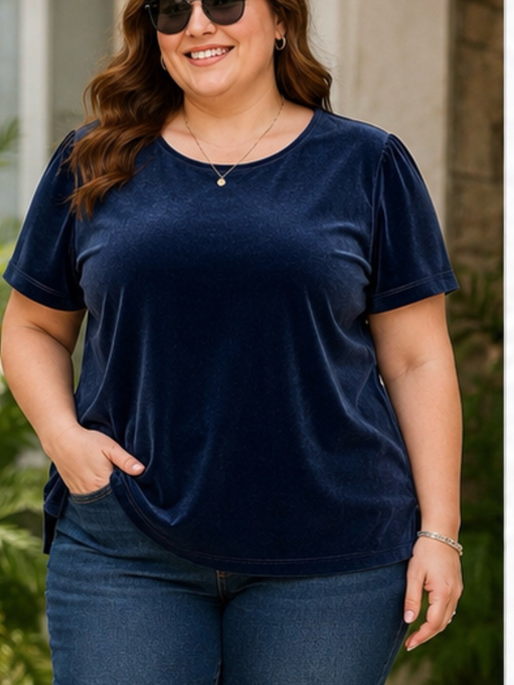 Lands' End Deep Blue Velvet Short Sleeve Top